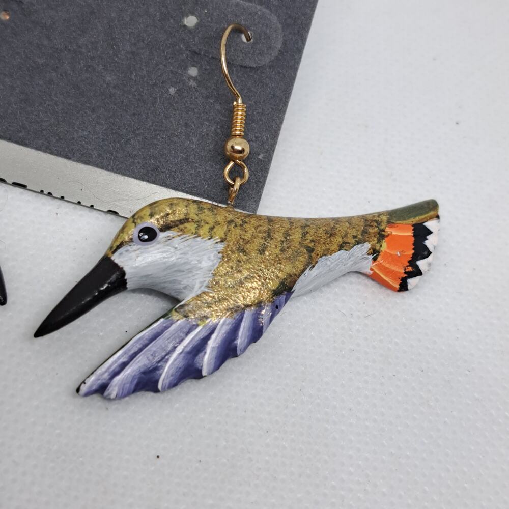 80's Handmade Handpainted Flying Hummingbird Dangle pierced earrings - Picture 2 of 8